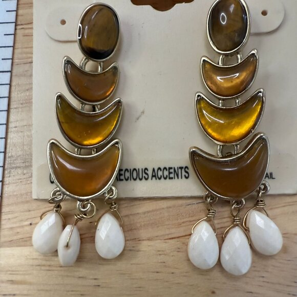 Liz Claiborne Gold-Tone Brown Crescent Drop Earrings W/ White Bead Accents - Picture 7 of 8
